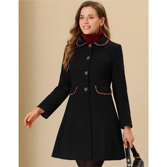 Allegra K Women's Peter Pan Collar Contrast Trim Single Breasted Long Coat - Picture 1 of 8